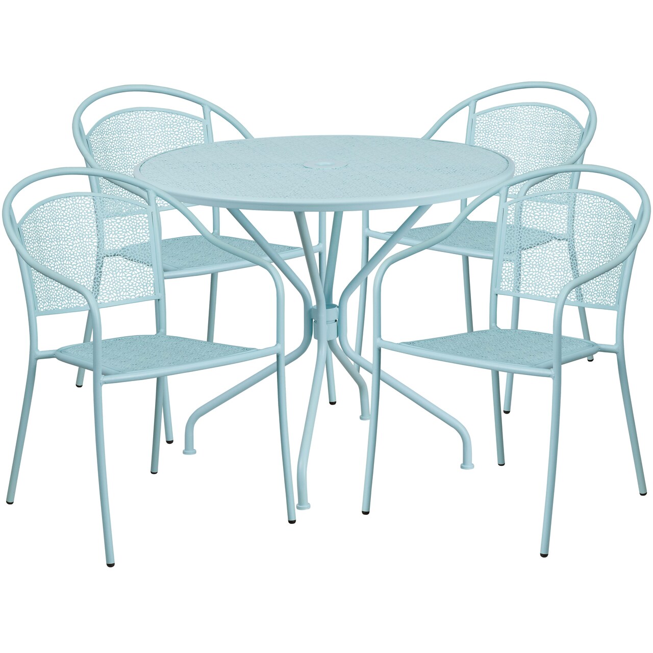 Emma and Oliver Commercial 35.25" Round Metal Garden Patio Table Set w/ 4 Round Back Chairs